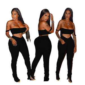 Sexy Strap Crop Top + Skinny Stacked Long Sweatpants Tracksuits Set MH13447
