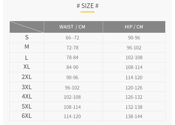 The size chart of Wholesale Shapewear for Women
