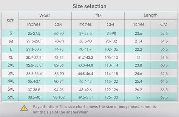 The size chart of full body shaper wholesale