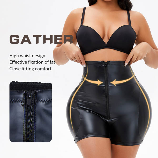 The front of high waisted leather shorts