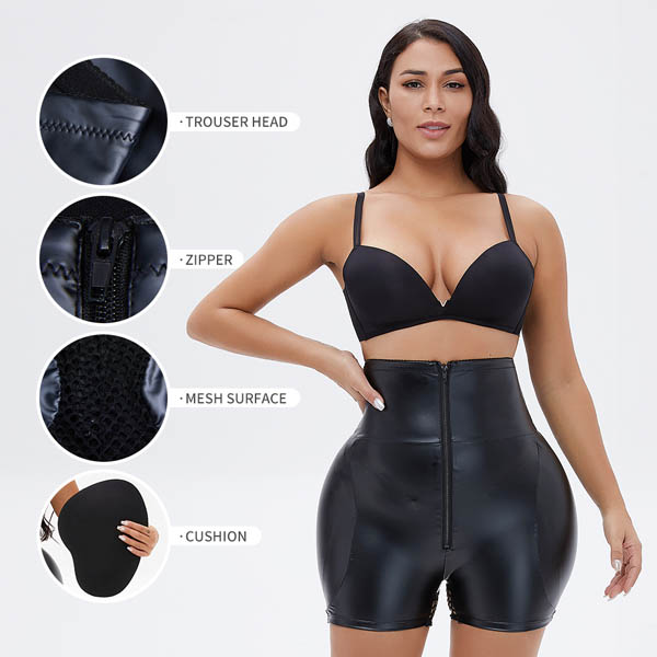 The details of high waisted leather shorts