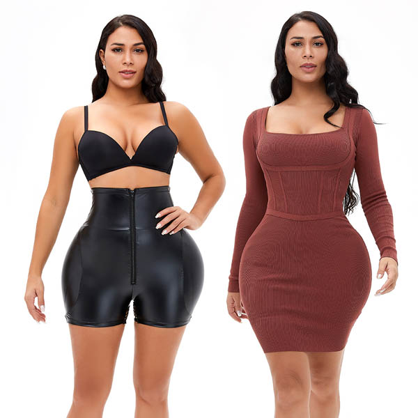 The girl is wearing a high waisted leather shorts