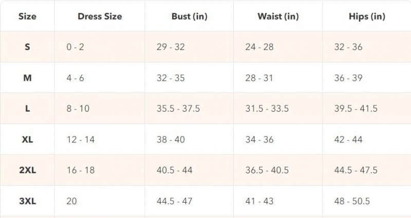 camisoles size chart
