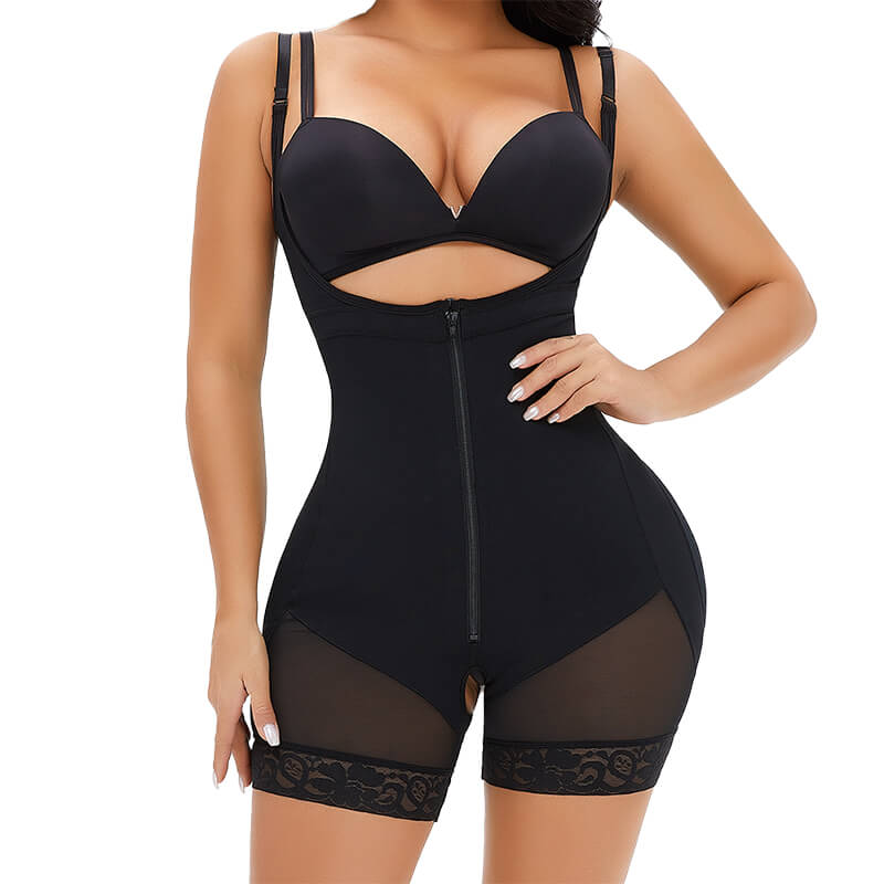 Black Full Body Shape Wear showing front zipper and open bust design to wear with own bra