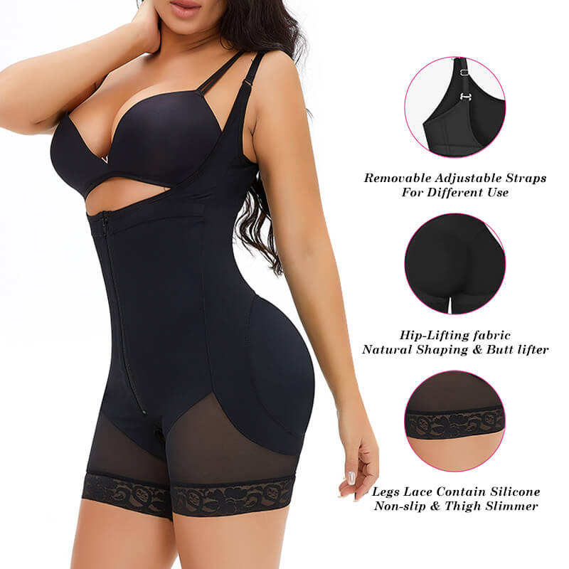 Full Body Shape Wear features including adjustable straps, natural butt lift fabric, and anti-slip silicone lace legs