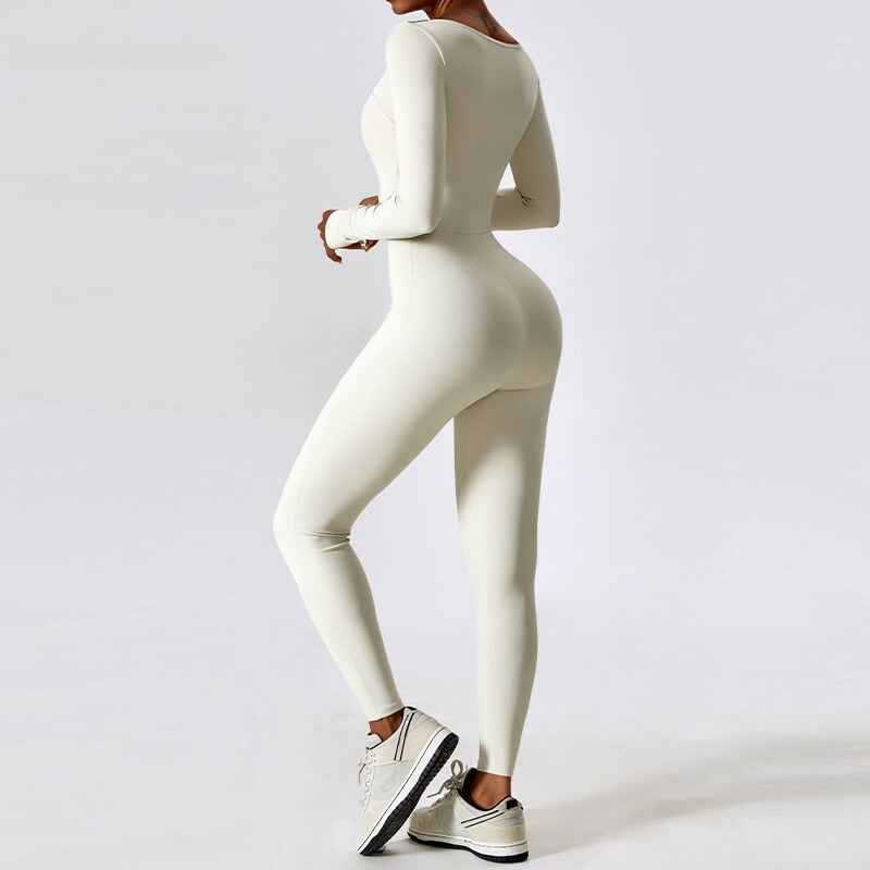 white Long Sleeve Sport Jumpsuits by model side view
