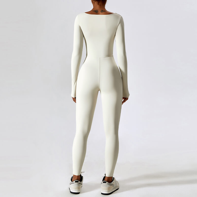 white Long Sleeve Sport Jumpsuits by model back view