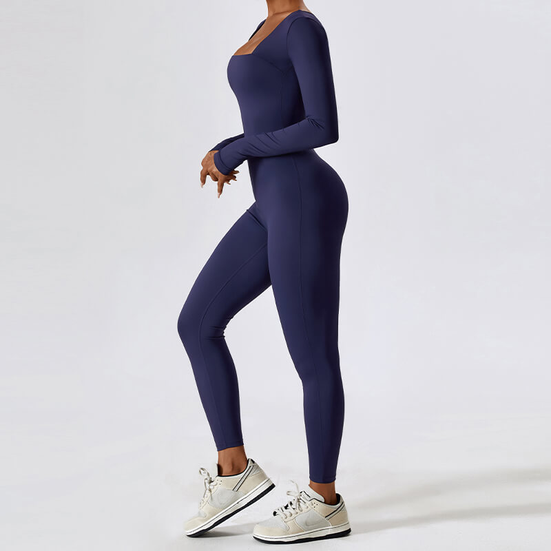 dark blue Long Sleeve Sport Jumpsuits by model side view