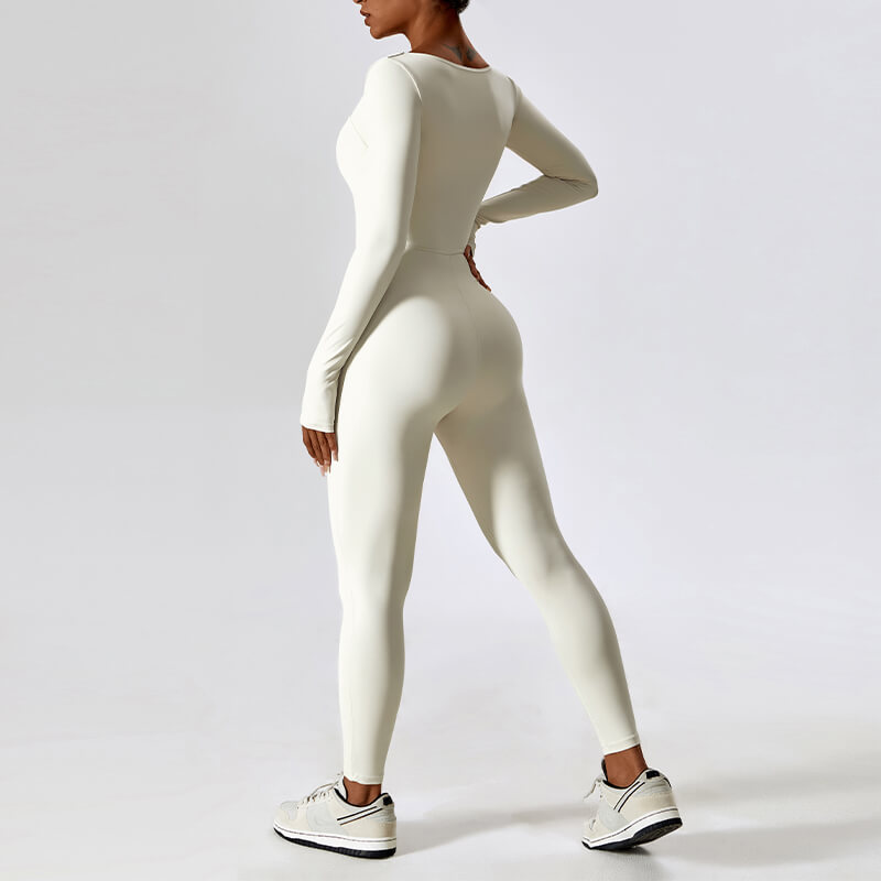 white Long Sleeve Sport Jumpsuits by model side view