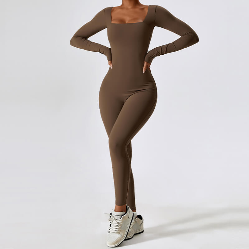 coffee Long Sleeve Sport Jumpsuits by model front view