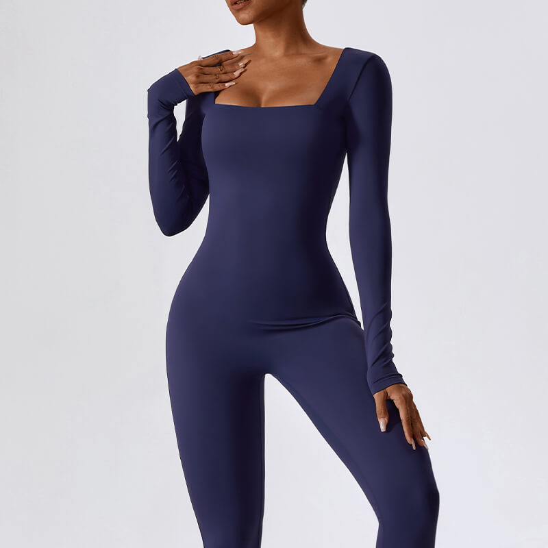 dark blue Long Sleeve Sport Jumpsuits by model front view