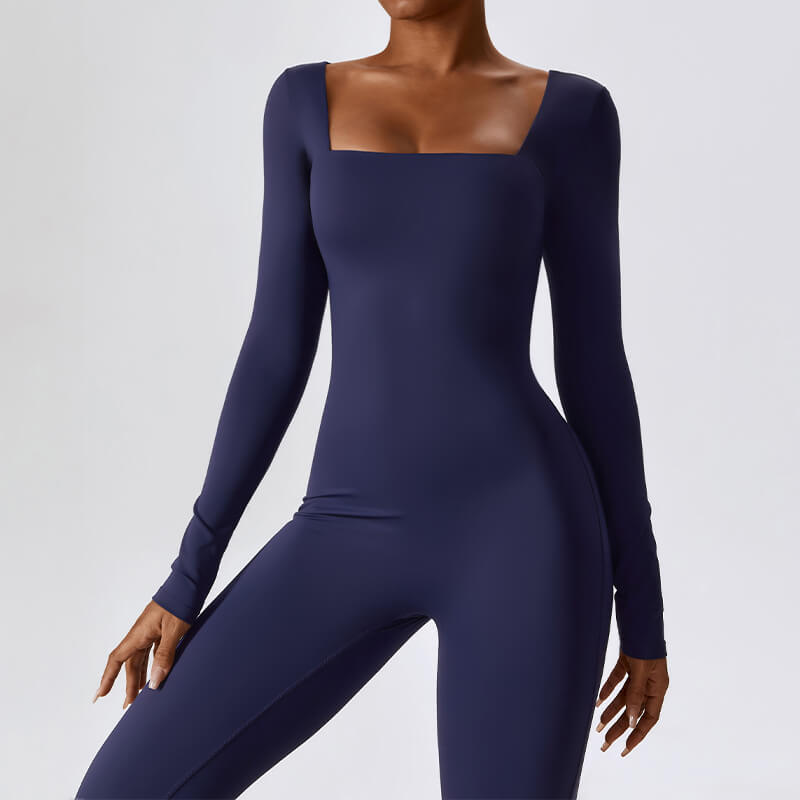 dark blue Long Sleeve Sport Jumpsuits by model front view