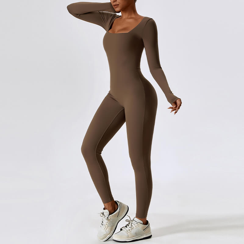 coffee Long Sleeve Sport Jumpsuits by model side view