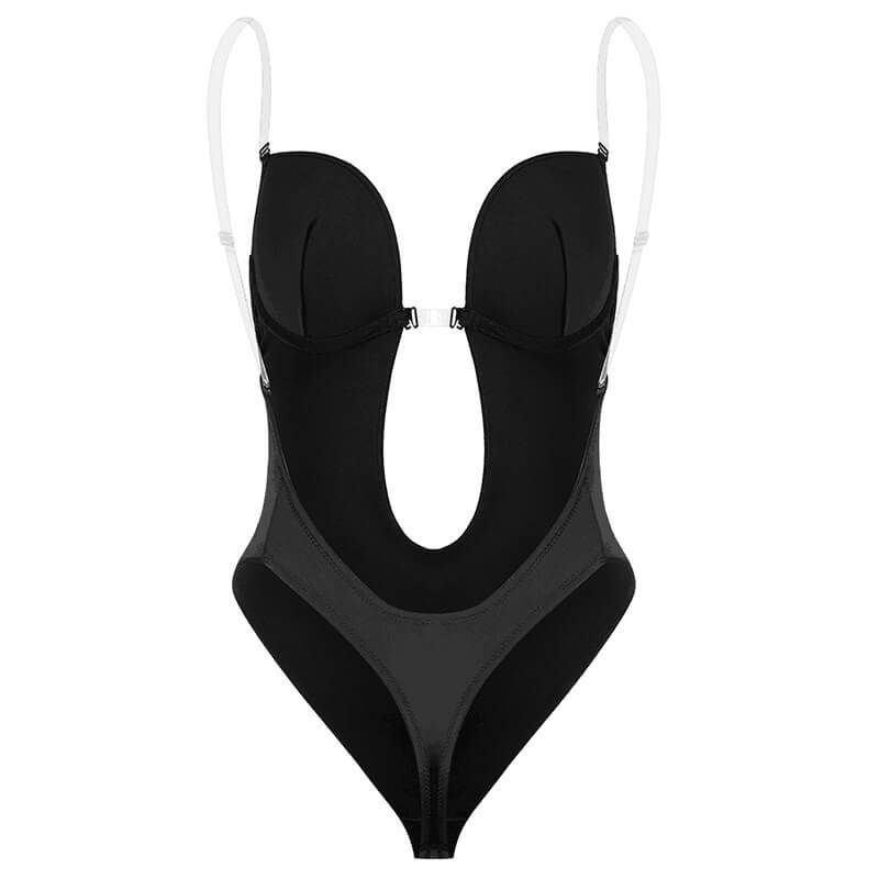 Back view of black deep plunge bodysuit with open back design and clear straps
