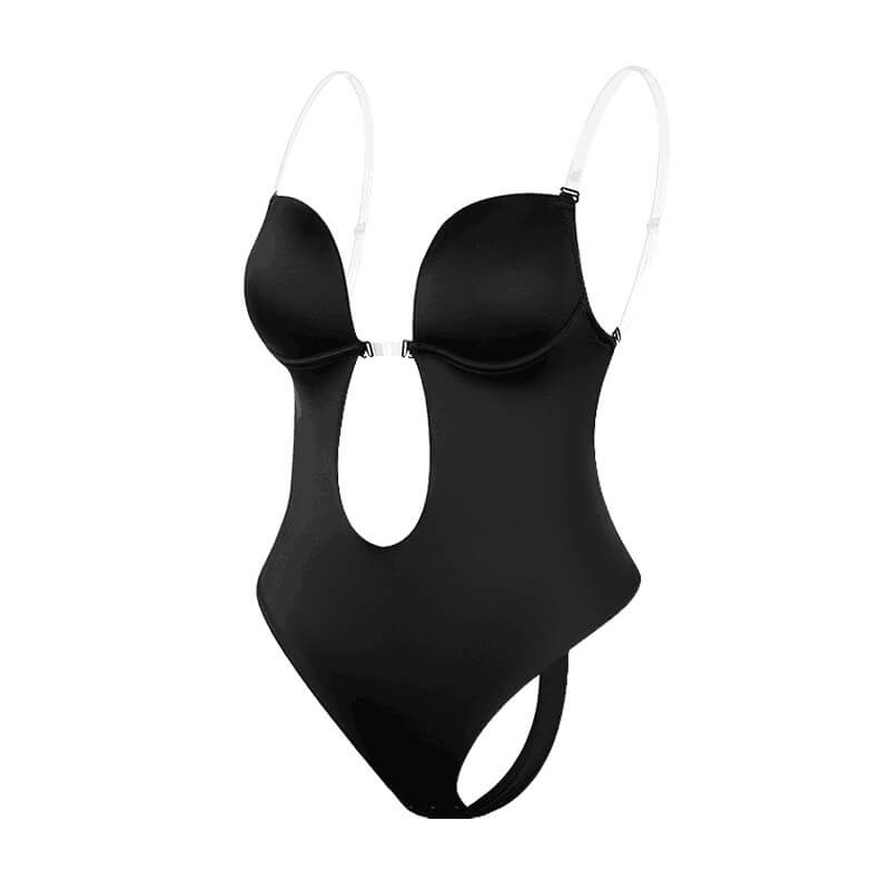 Side view of black deep plunge bodysuit with open back and clear straps
