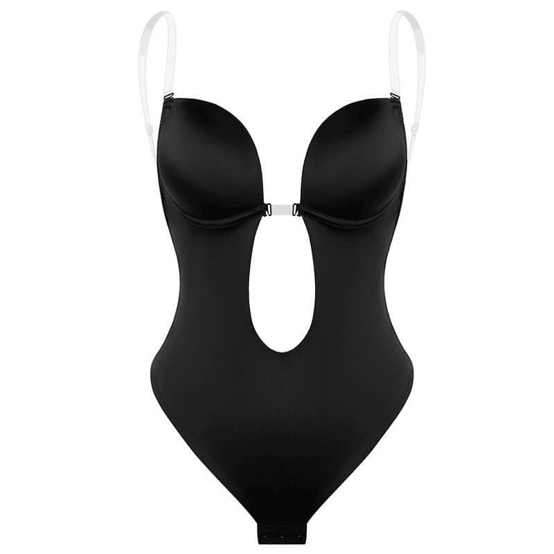Black deep plunge bodysuit with clear adjustable straps, front view