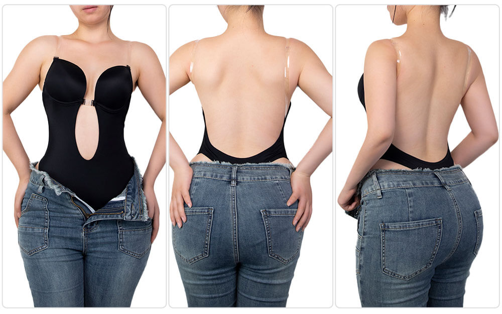 Black deep plunge backless bodysuit with clear straps shown in three views, revealing shaping under jeans