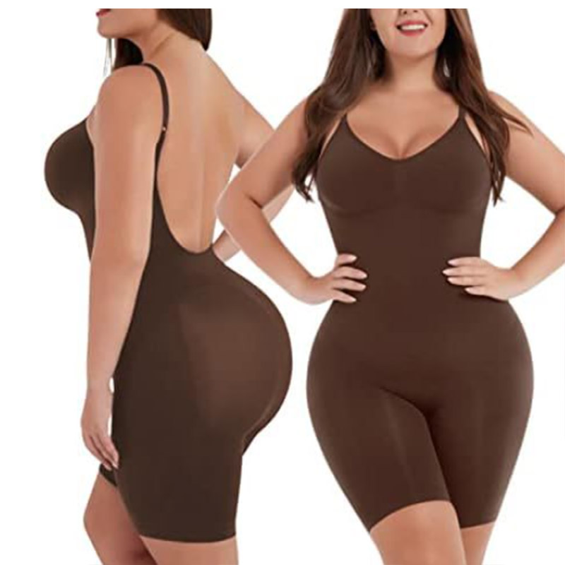 brown seamless mid thigh backless tummy control shapewear by a model
