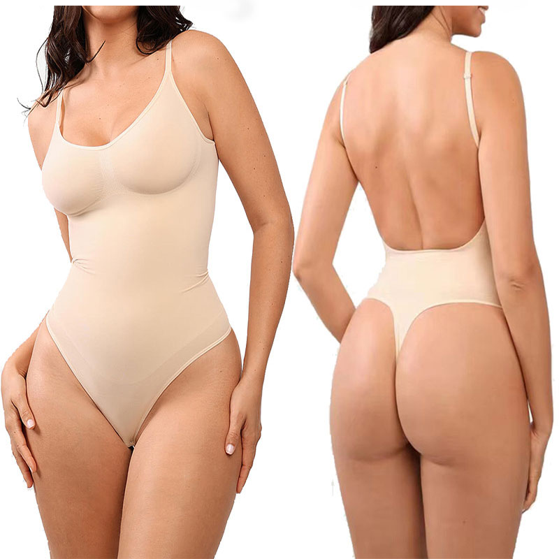 beige seamless sex sleeveless strap thong backless shapewear by a model