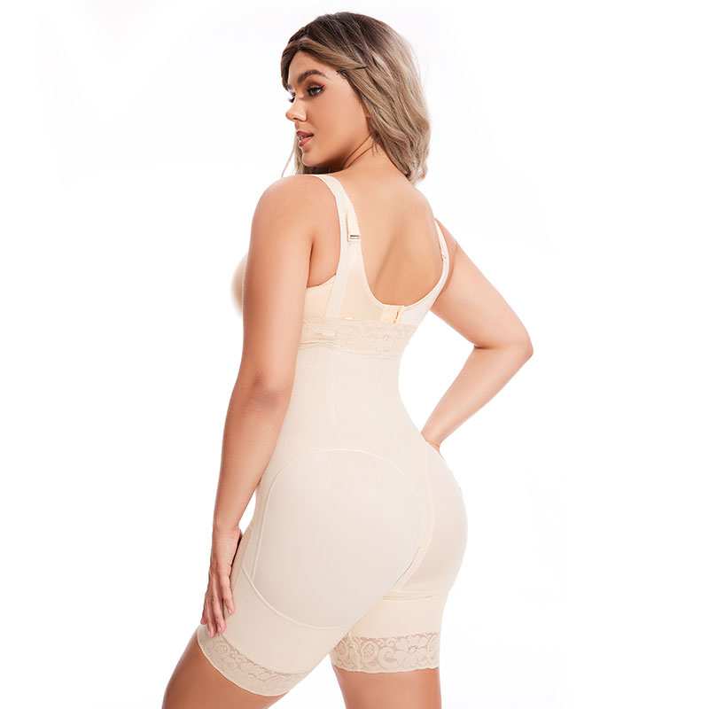 beige sculpt lace fajas colombianas shapewear by model back view