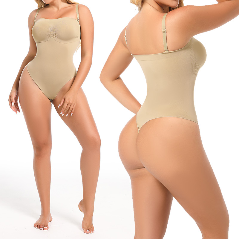 beige seamless sculpt strap waist cincher corset by model