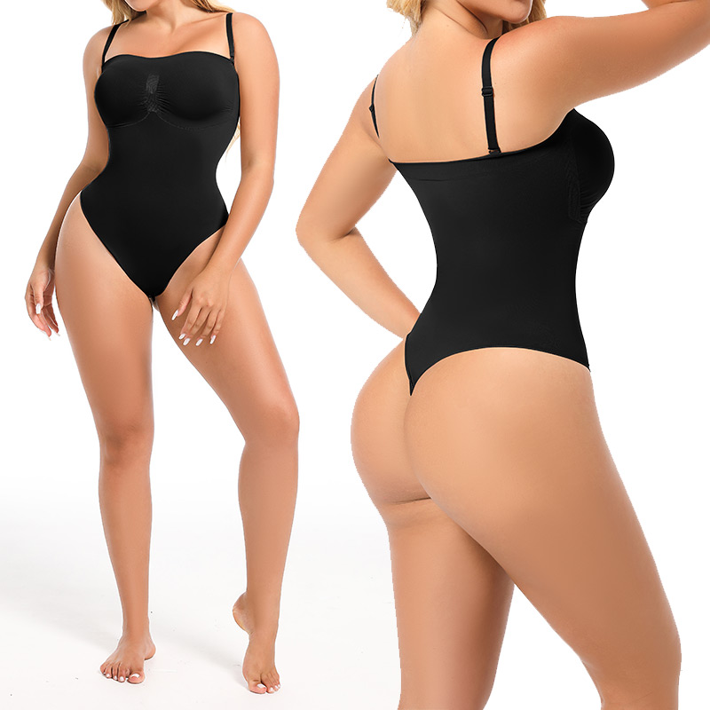 black seamless sculpt strap waist cincher corset by model