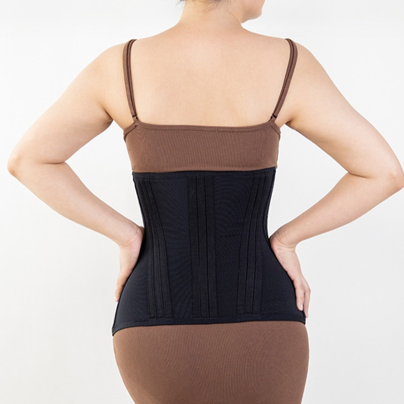black zipper hook tummy control waist trainer by model back view