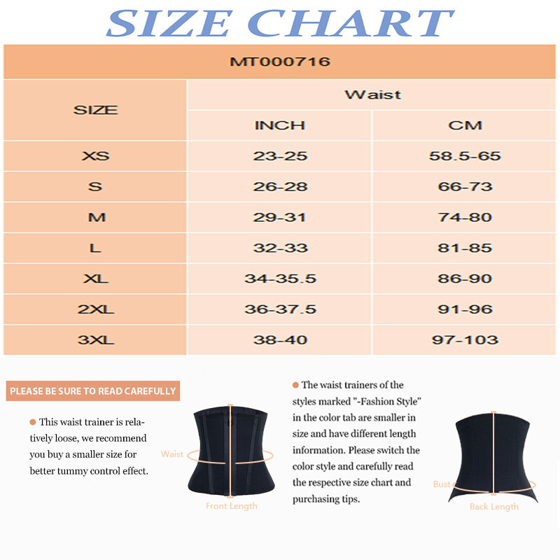 zipper hook tummy control waist trainer by size detail
