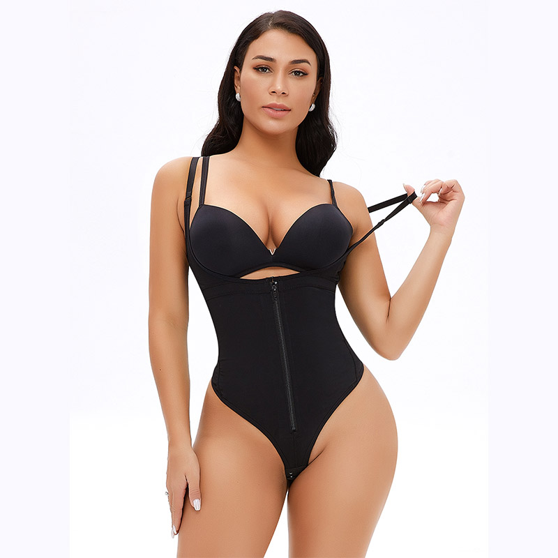 Tummy Control Full Body Plus Size Open Bust Thong Bodysuit model front view black