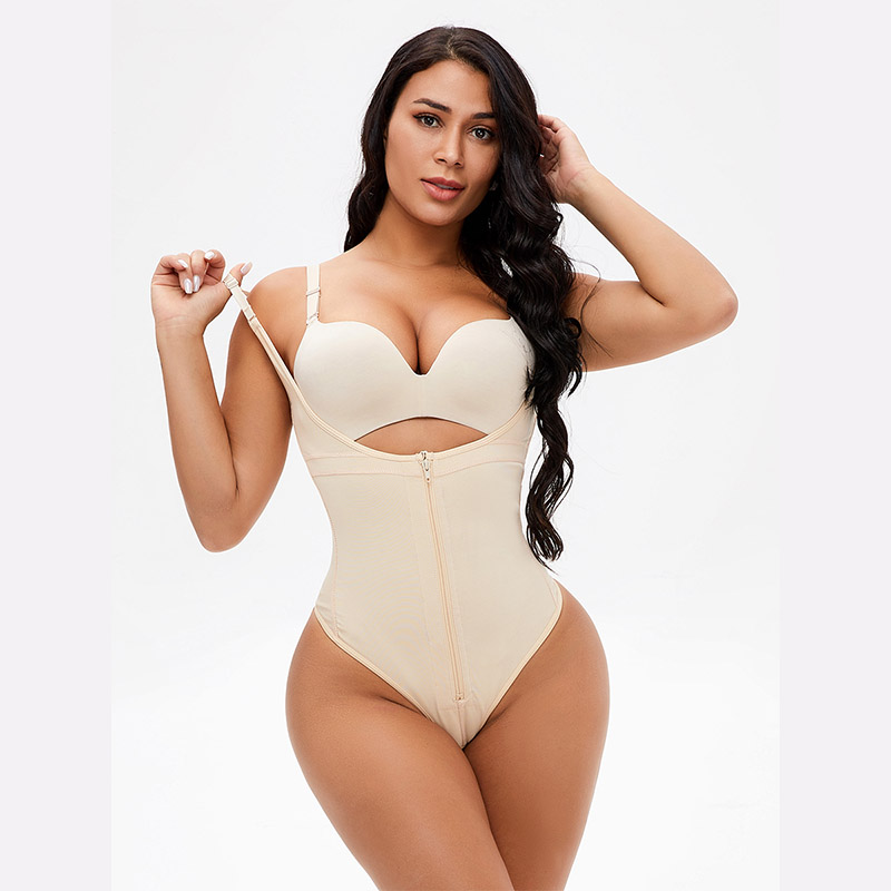 Tummy Control Full Body Plus Size Open Bust Thong Bodysuit model front view beige