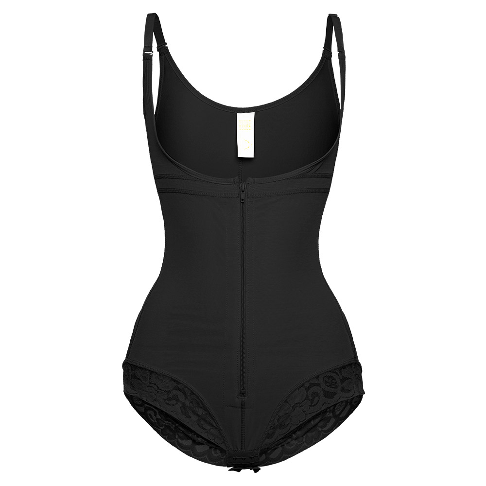 Lace Detail High Waist Plus Size Open Bust Slimming Bodysuit front view black