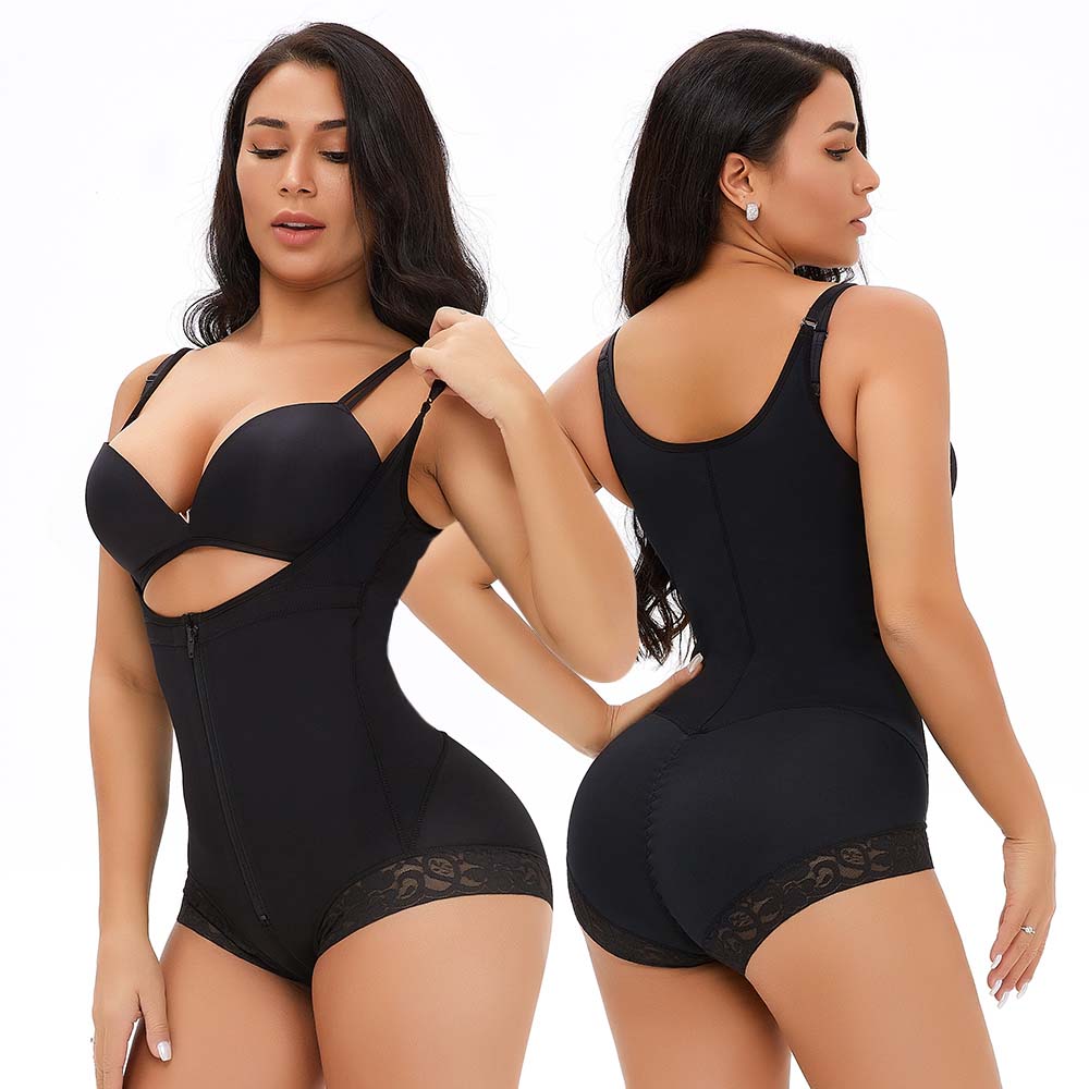 Lace Plus Size Open Bust Slimming Bodysuit by a model black