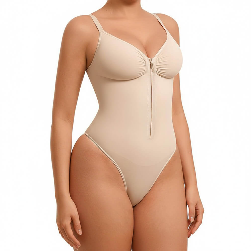 seamless sculpt zip front thong bodysuit worn by a model in side view