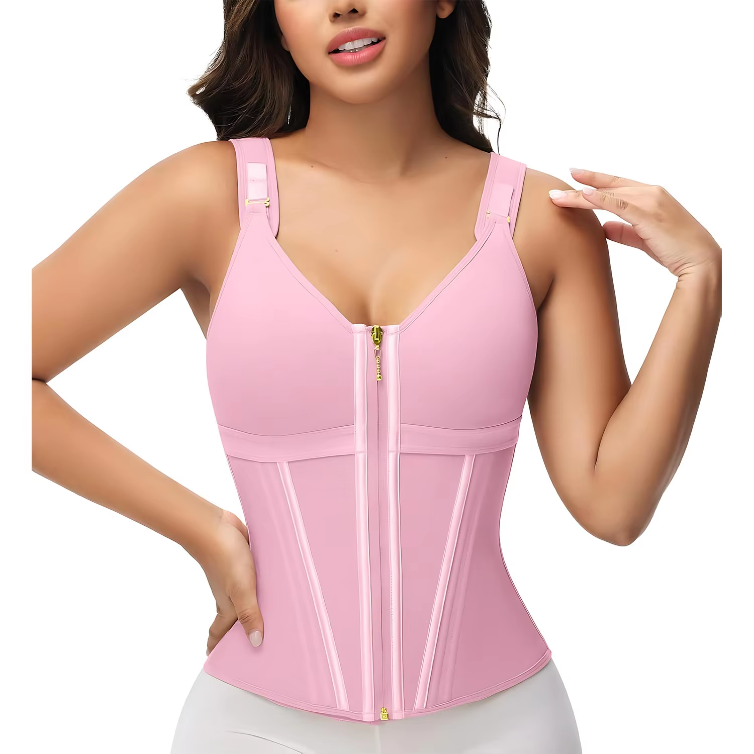 pink seamless zipper body shaper worn by a model in front view