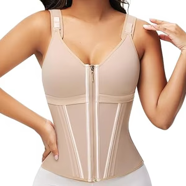 beige seamless zipper body shaper worn by a model in front view