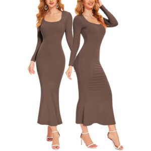 Wholesale Bodycon Maxi Built in Bra Women Lounge Dresses, Brown, MT000343