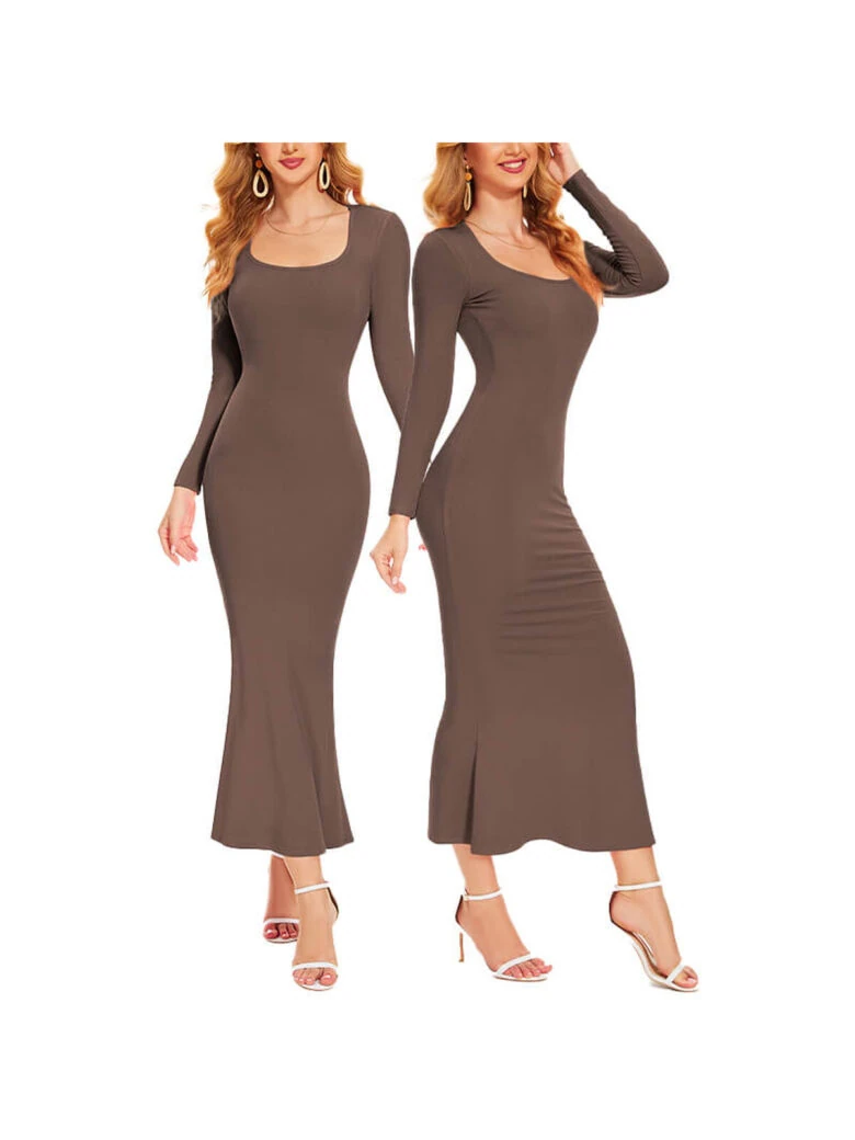 Brown bodycon maxi long-sleeve dress