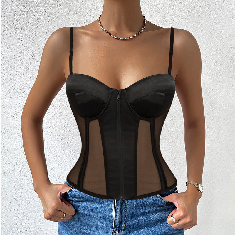 Custom Black Mesh Corset Top For Women MHW100764B
