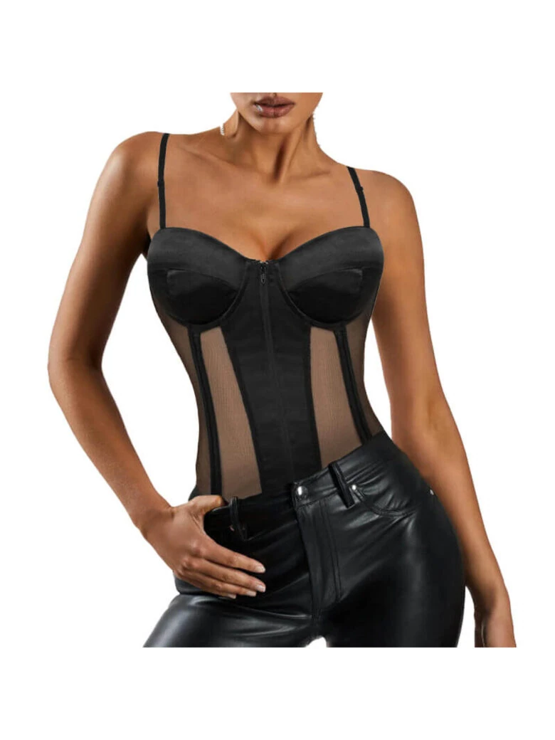 Black mesh bustier corset top for women