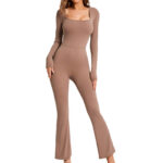 Custom Long Sleeve Flare Leg Jumpsuits Square Neck Full Length Romper MH133838K