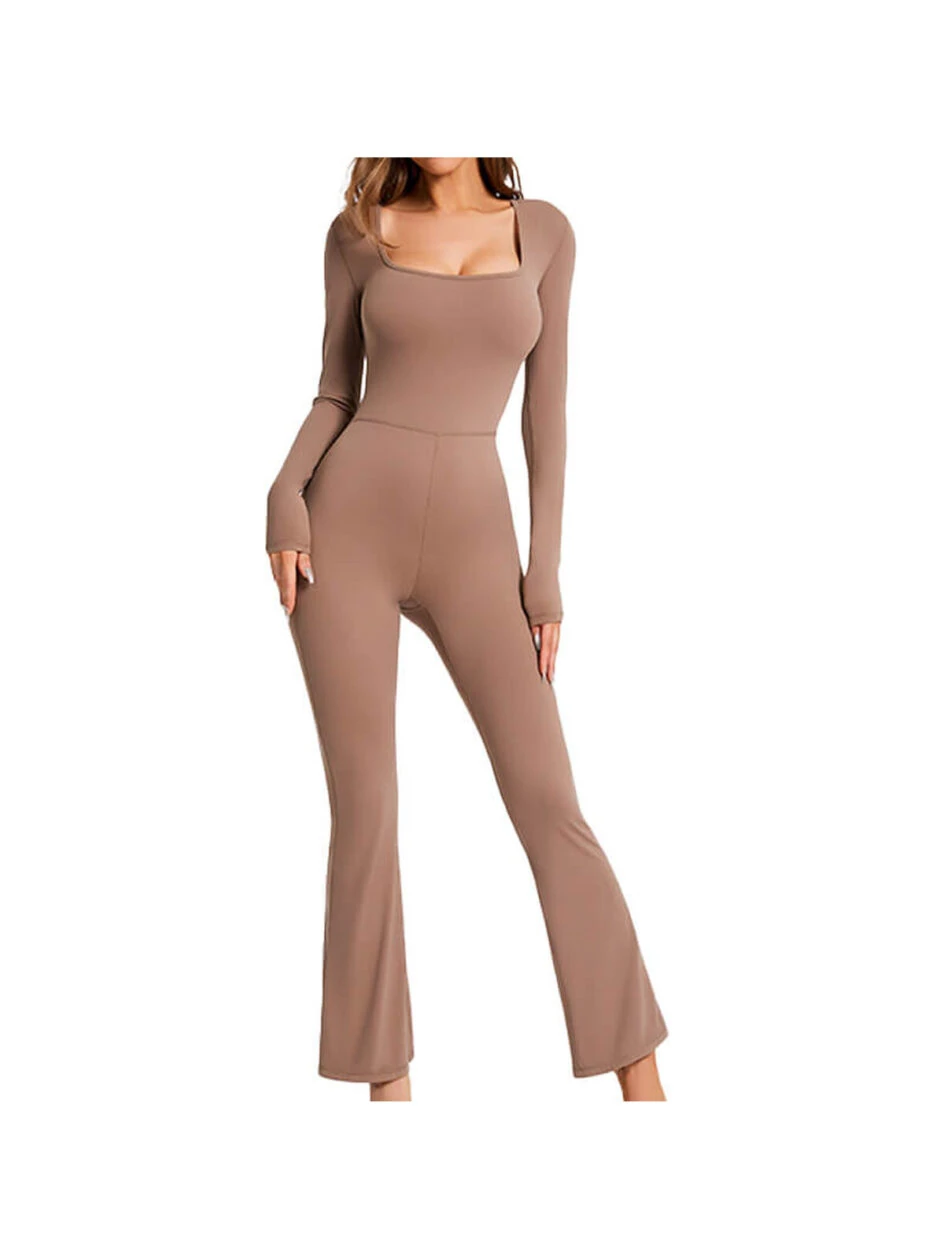 Custom Long Sleeve Flare Leg Jumpsuits Square Neck Full Length Romper MH133838K