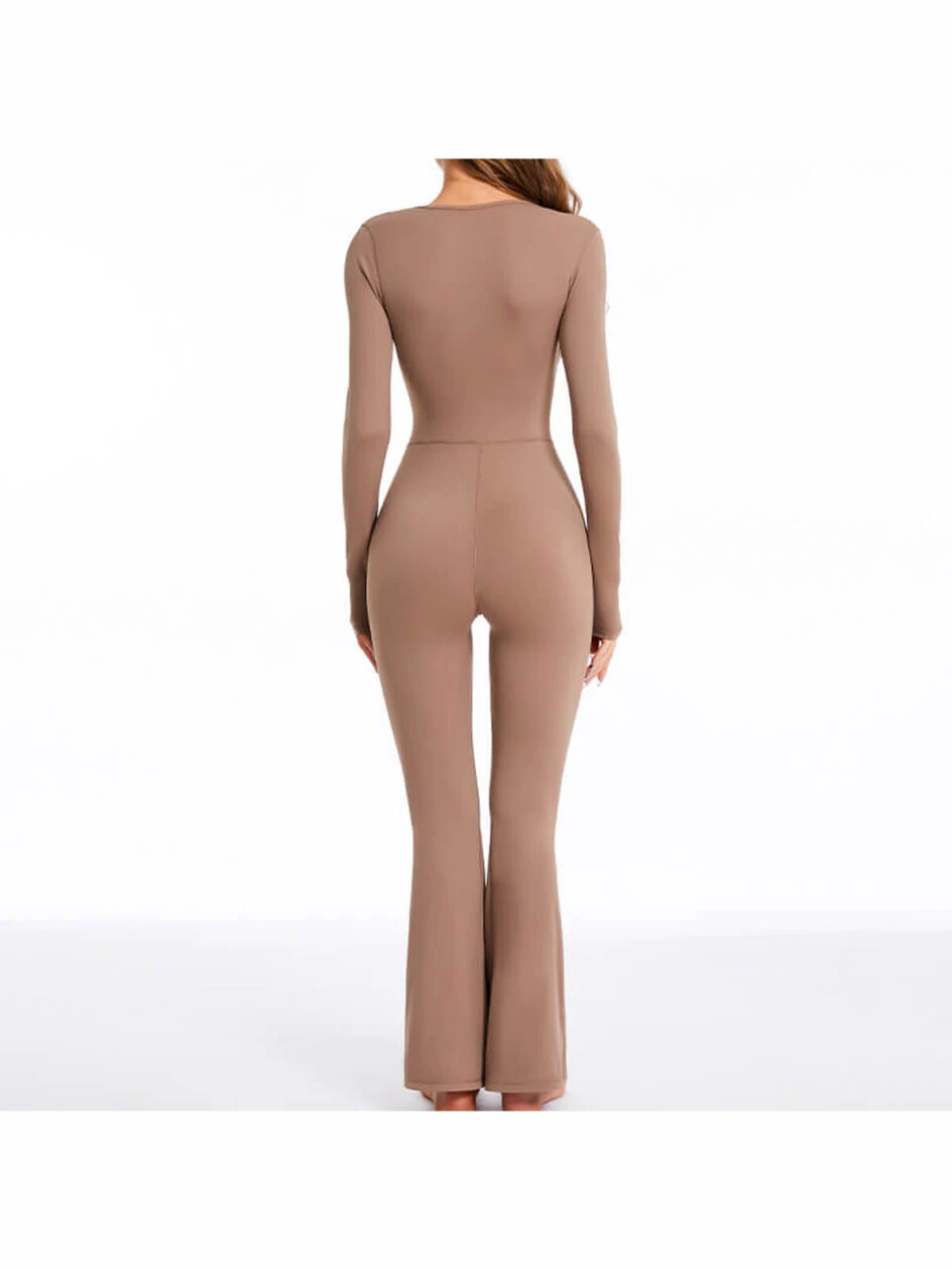 Custom Long Sleeve Flare Leg Jumpsuits Square Neck Full Length Romper MH133838K – Gallery