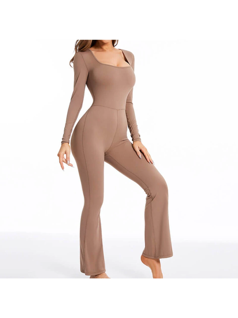 Custom Long Sleeve Flare Leg Jumpsuits Square Neck Full Length Romper MH133838K – Gallery