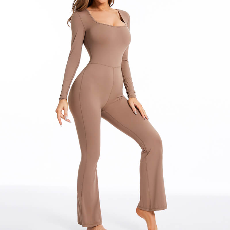 Custom Long Sleeve Flare Leg Jumpsuits Square Neck Full Length Romper MH133838K