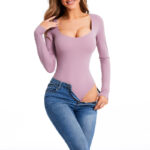 NANBIN Factory Wholesale Long Sleeve Scoop Neck Bodysuit In Purple MT000359PU