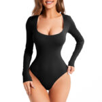 NANBIN Factory Wholesale Black Square Neck Long Sleeve Thong Bodysuit MT000359B