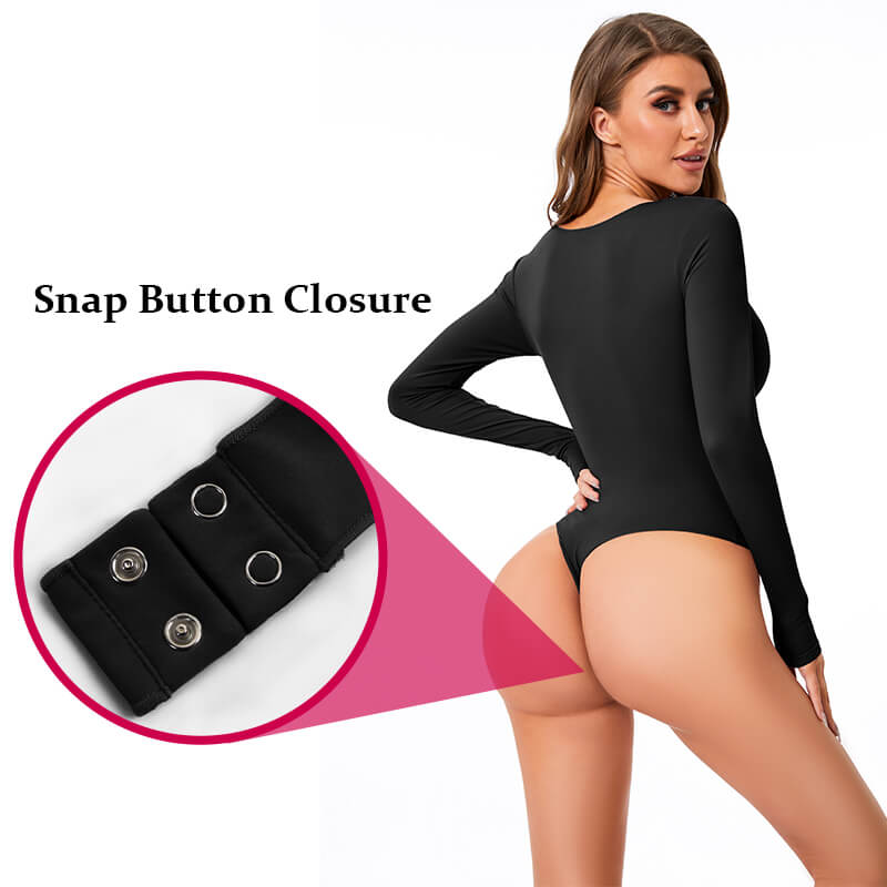 NANBIN Factory Wholesale Black Square Neck Long Sleeve Thong Bodysuit MT000359B