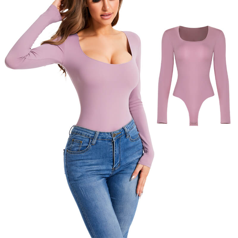 NANBIN Factory Wholesale Long Sleeve Scoop Neck Bodysuit In Purple MT000359PU