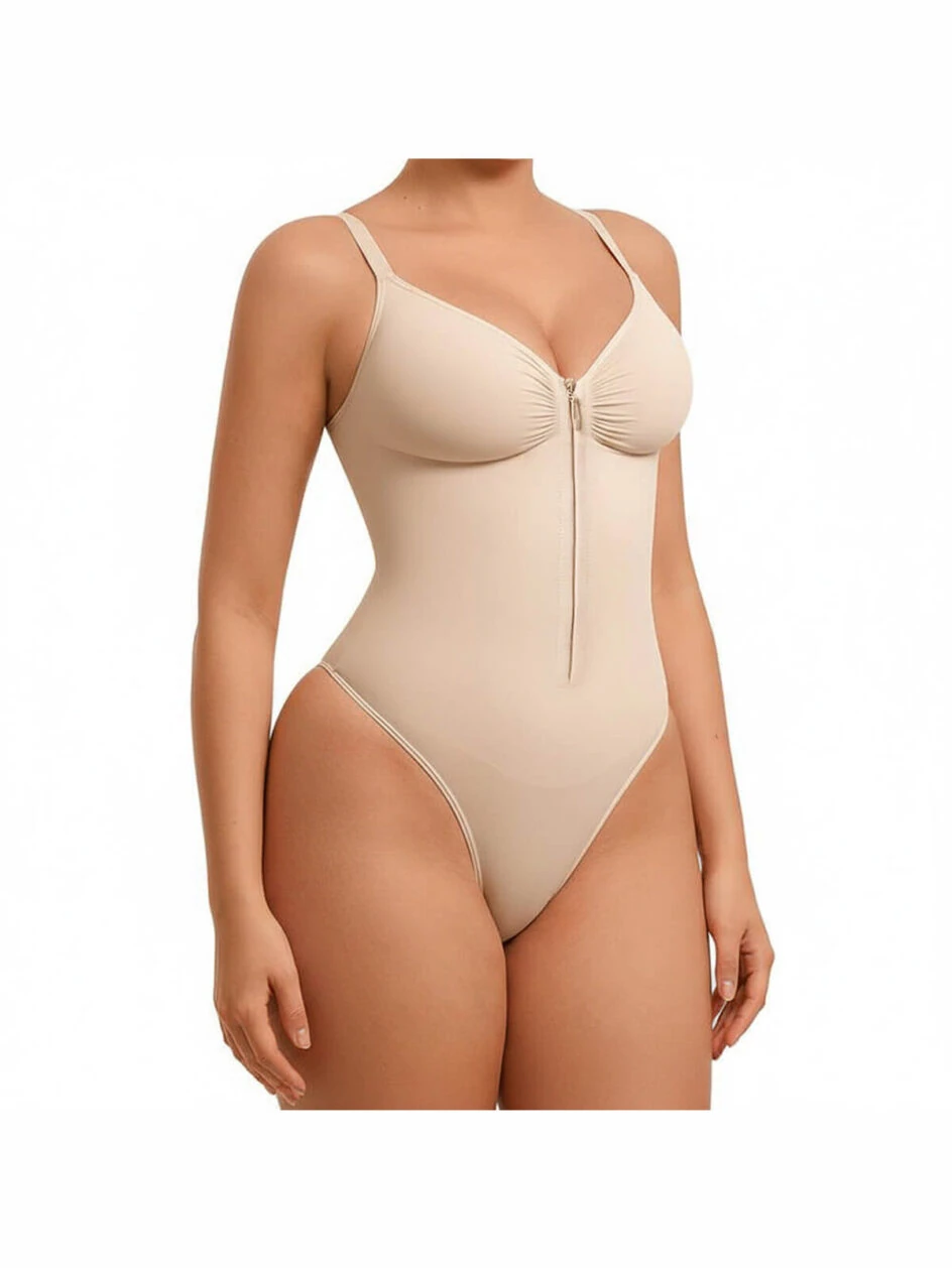 Zip-Up Tummy Control Seamless Thong Bodysuit