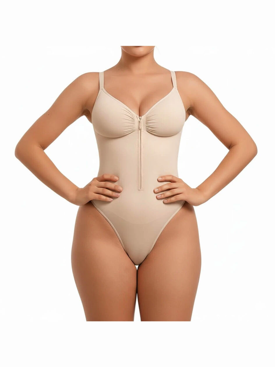 Seamlss Zip Front Thong Bodysuit For Women Tummy Control MT000858